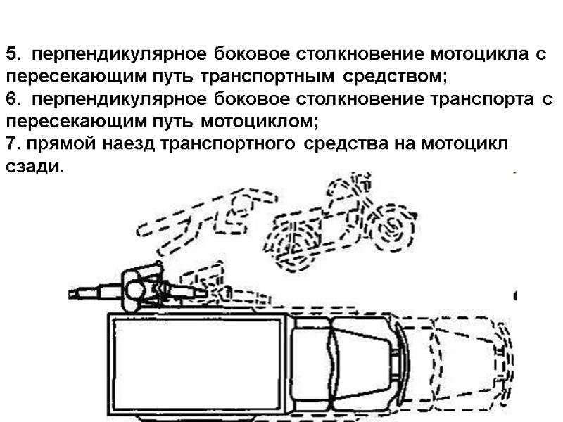 5.  перпендикулярное боковое столкновение мотоцикла с пересекающим путь транспортным средством; 6.  перпендикулярное